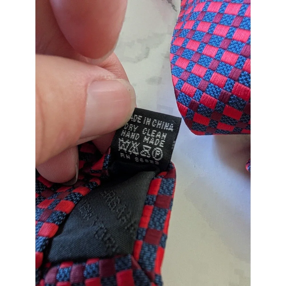 Bergamo New York X-Long Tie Jacquard Red Blue Geometric Squares Handmade